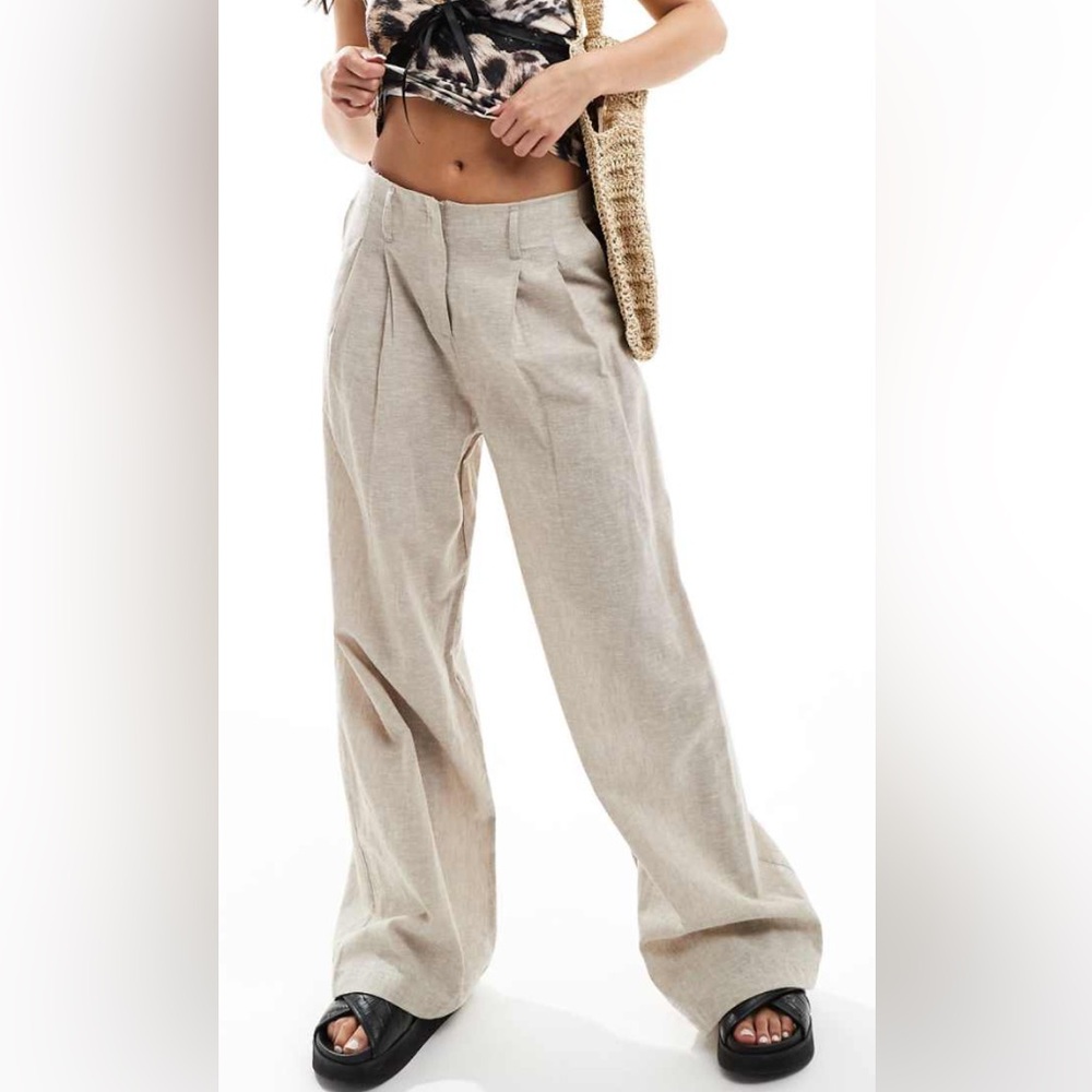 Monki Linen Mix Wide Leg Beige Pants US 4